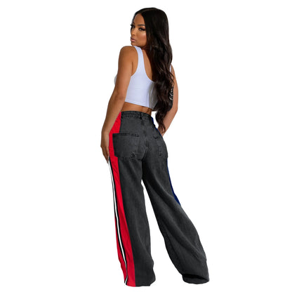 Denim Pants Women Patchwork Spliced Long Pant Mom Straight Button High Waist Casual Jeans Trousers Pocket Lady Y2k Autumn