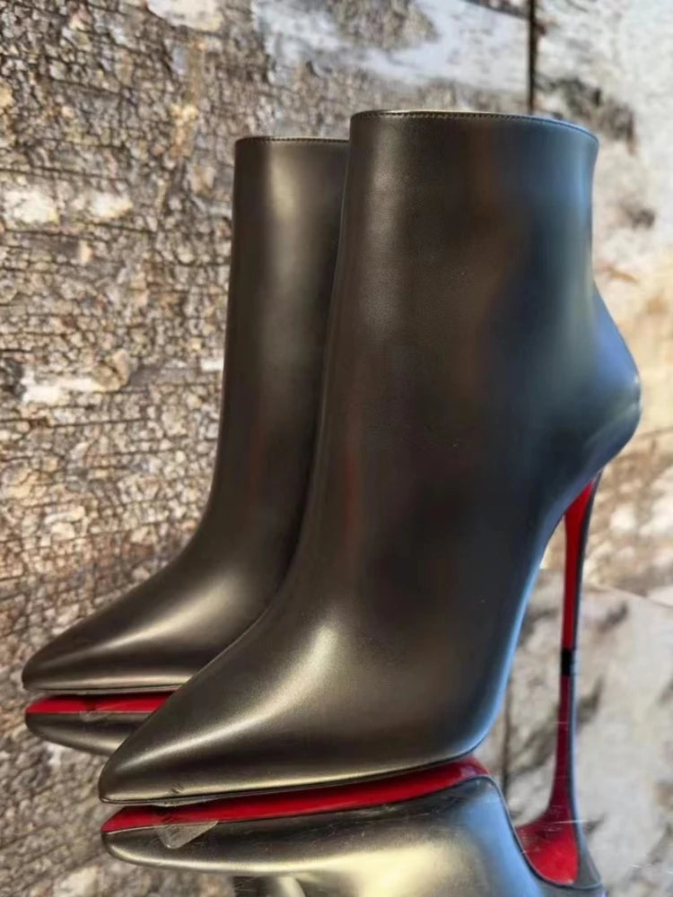 2024 Autumn/Winter New Sheep Pattern Leather Black Pointed Red BottomS Boots Bare Boots Versatile Short Boots Women's Thin Heels