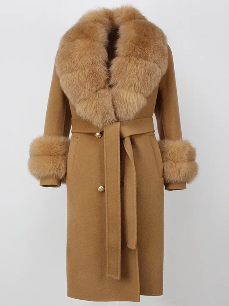 Double Breasted Woolen Jacket Belt Warm Cashmere Real Fur Coat Streetwear New Fashion 2024 Winter Women Long Natural Wool Blends