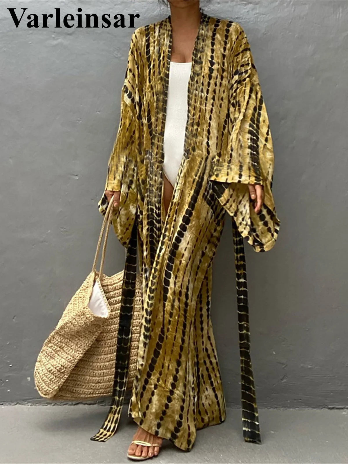 New 11 Colors Printed Long Sleeve With Belt Tunic Beach Cover Up Cover-ups Beach Dress Beach Wear Beachwear Female Women V4521