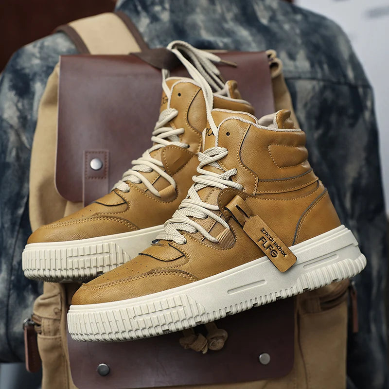Winter high top men's shoes, sports work casual leather shoes, retro workwear, versatile, trendy casual sports shoes