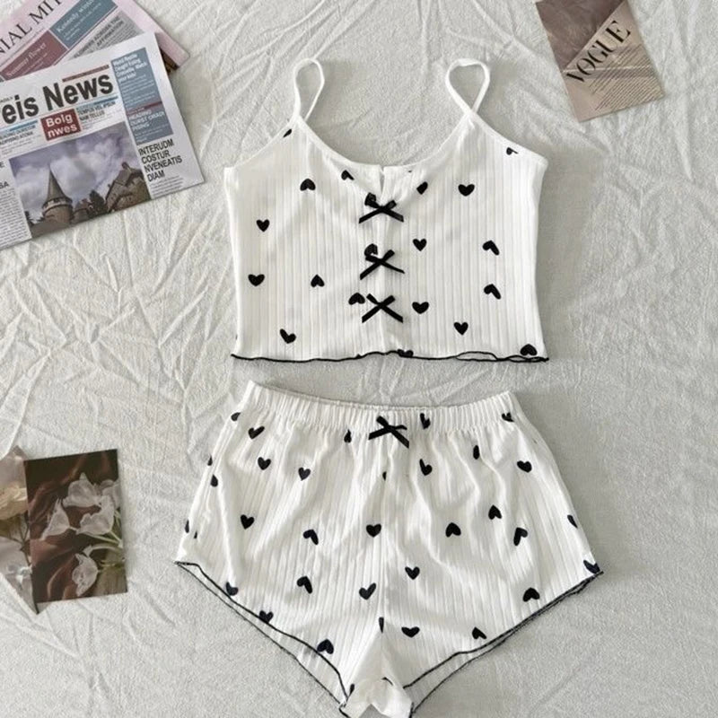 Women's Pajamas Fashion Lace Patchwork Heart Print Bowknot Decoration Sexy Cami Sleepwear Set  Sleeveless V-Neck Summer Lingerie