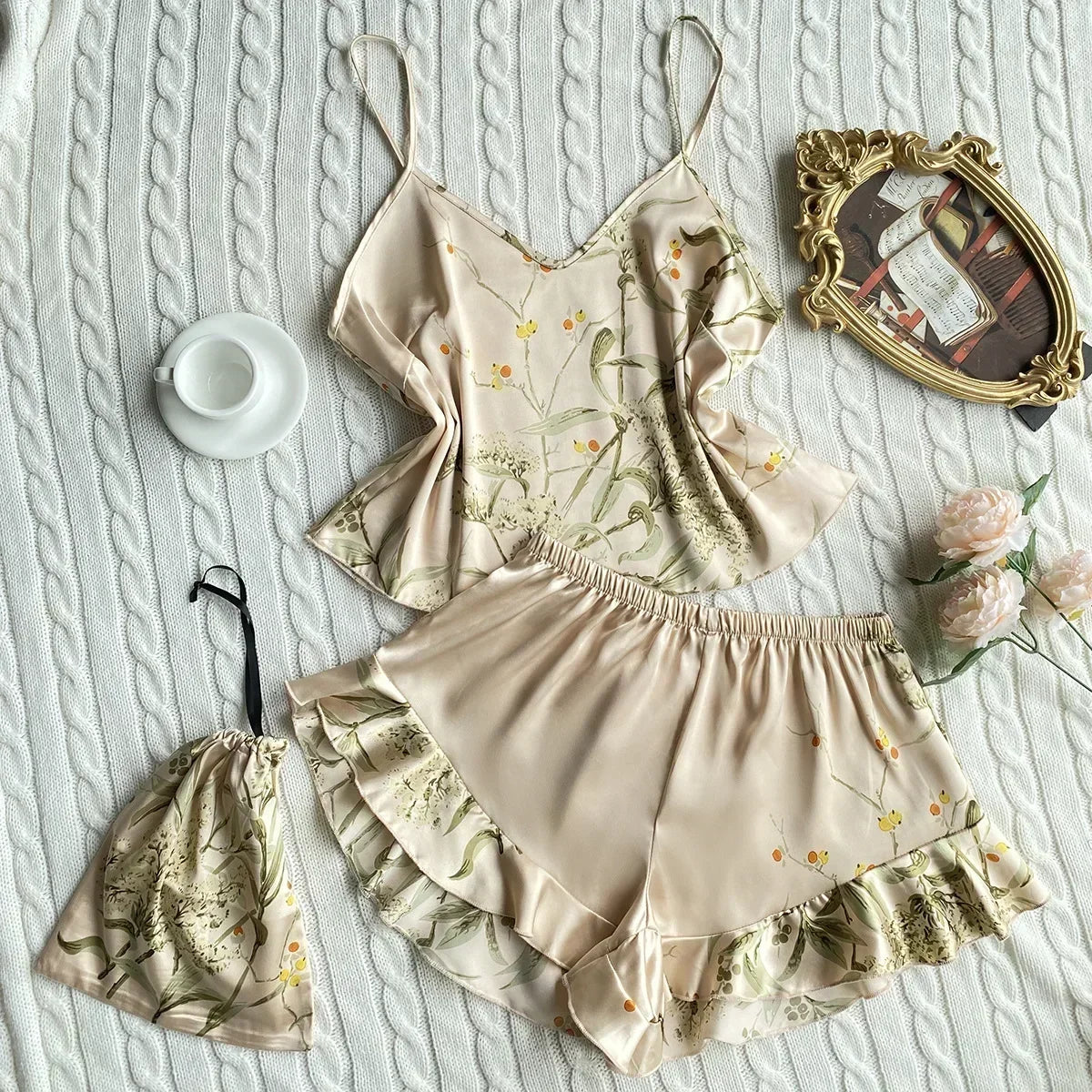 Summer Fashion 3 Pcs Silk Floral Print Suspenders Tops and Shorts with Hanging Bag Pajamas Women Sleepwear Home Wear