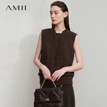 AMII Women's Vest 2025 Autumn New O-neck Elegant Retro Knitted Vest Women's Casual Versatile Loose Sleeveless Top Female12543082
