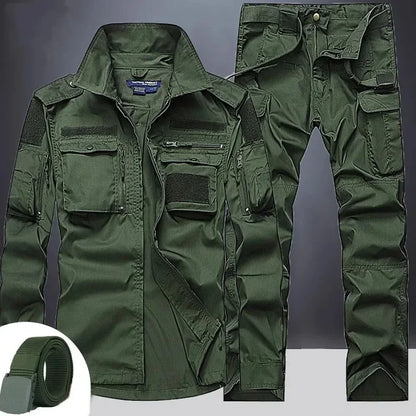 Summer Sets Mens Outdoor Breathable Multiple Pockets Combat Long Sleeve Shirts Cargo Pants Suits Male