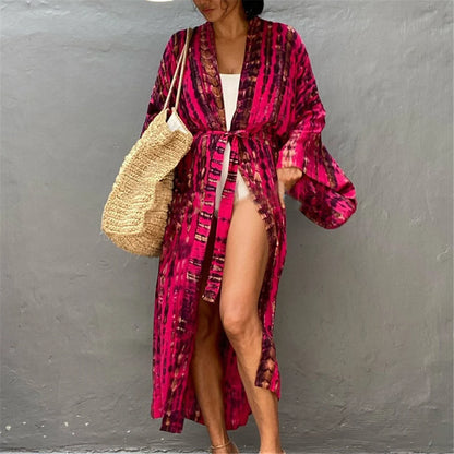 New 11 Colors Printed Long Sleeve With Belt Tunic Beach Cover Up Cover-ups Beach Dress Beach Wear Beachwear Female Women V4521