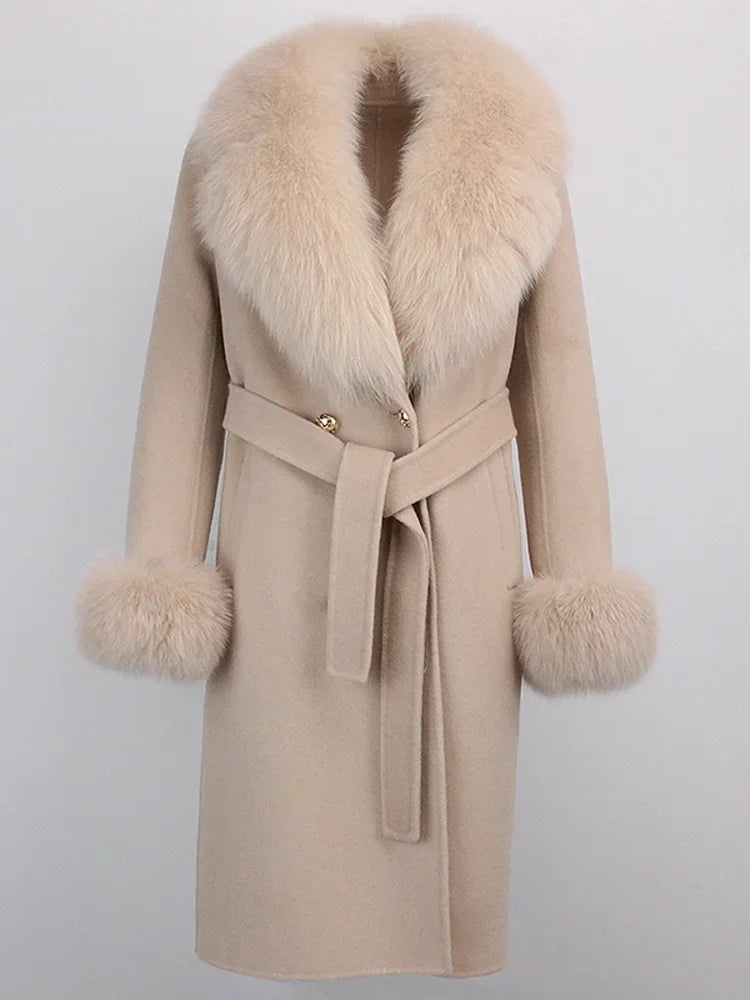 Double Breasted Woolen Jacket Belt Warm Cashmere Real Fur Coat Streetwear New Fashion 2024 Winter Women Long Natural Wool Blends