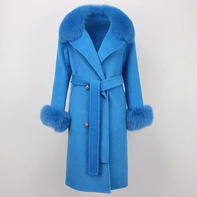 Double Breasted Woolen Jacket Belt Warm Cashmere Real Fur Coat Streetwear New Fashion 2024 Winter Women Long Natural Wool Blends