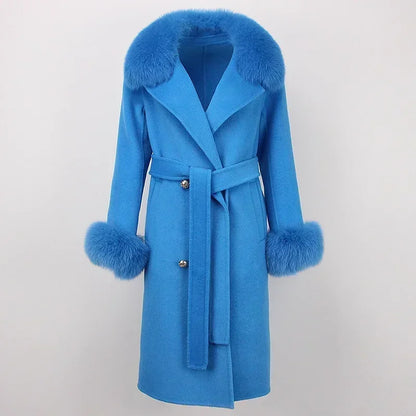 Double Breasted Woolen Jacket Belt Warm Cashmere Real Fur Coat Streetwear New Fashion 2024 Winter Women Long Natural Wool Blends