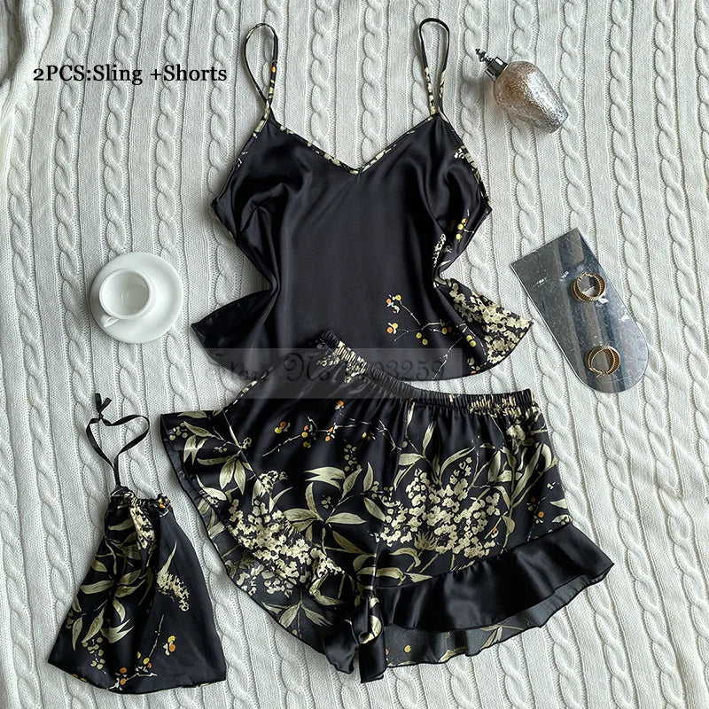 Four Pieces Pajamas Set Printed Little Cherry Sleepwear Women Satin Nightgown With Suspender Sling&Shorts Summer Home Clothes