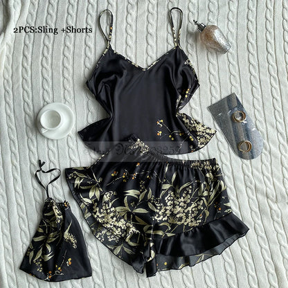 Four Pieces Pajamas Set Printed Little Cherry Sleepwear Women Satin Nightgown With Suspender Sling&Shorts Summer Home Clothes