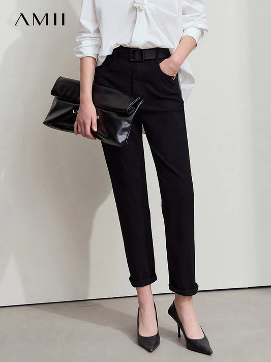 Amii 2025 Autumn Casual Slim Women Jeans Pants Elastic Waisted Cotton Jeans Tapered Fashion High Quality DenimTrousers 12541126