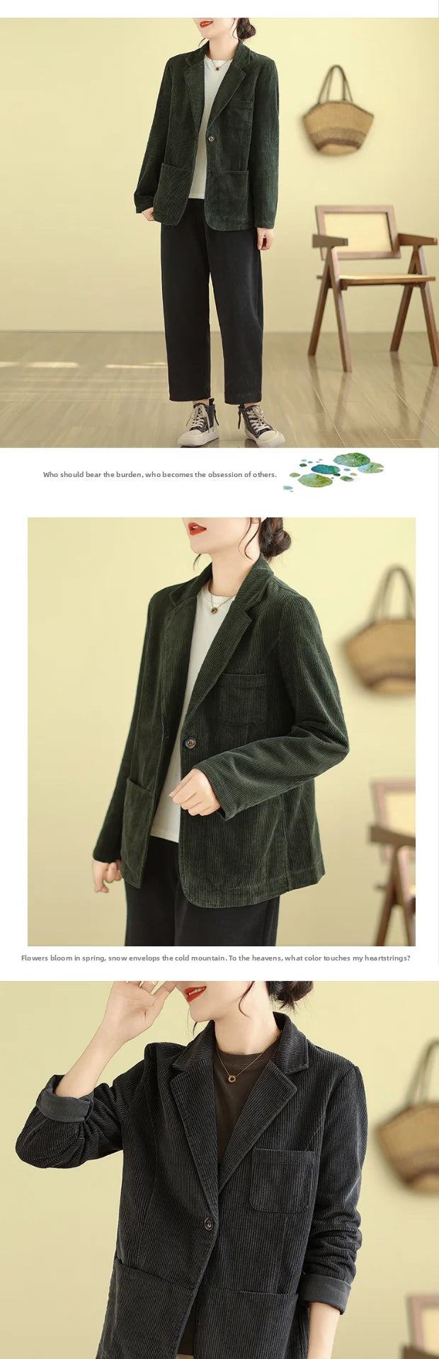 Retro Corduroy ort Suit Jaet Women's Loose Casual Striped Velvet Open Cardigan Top Spring 2026 New Sle Cotton Material