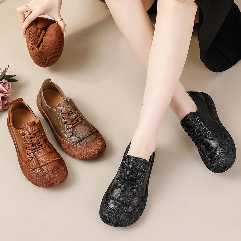 New Women's Genuine Leather Flats Woman Tied Up Wide Head Sports Sneakers Vintage Moccasin Non-Slip Walking Driving Loafer Flats