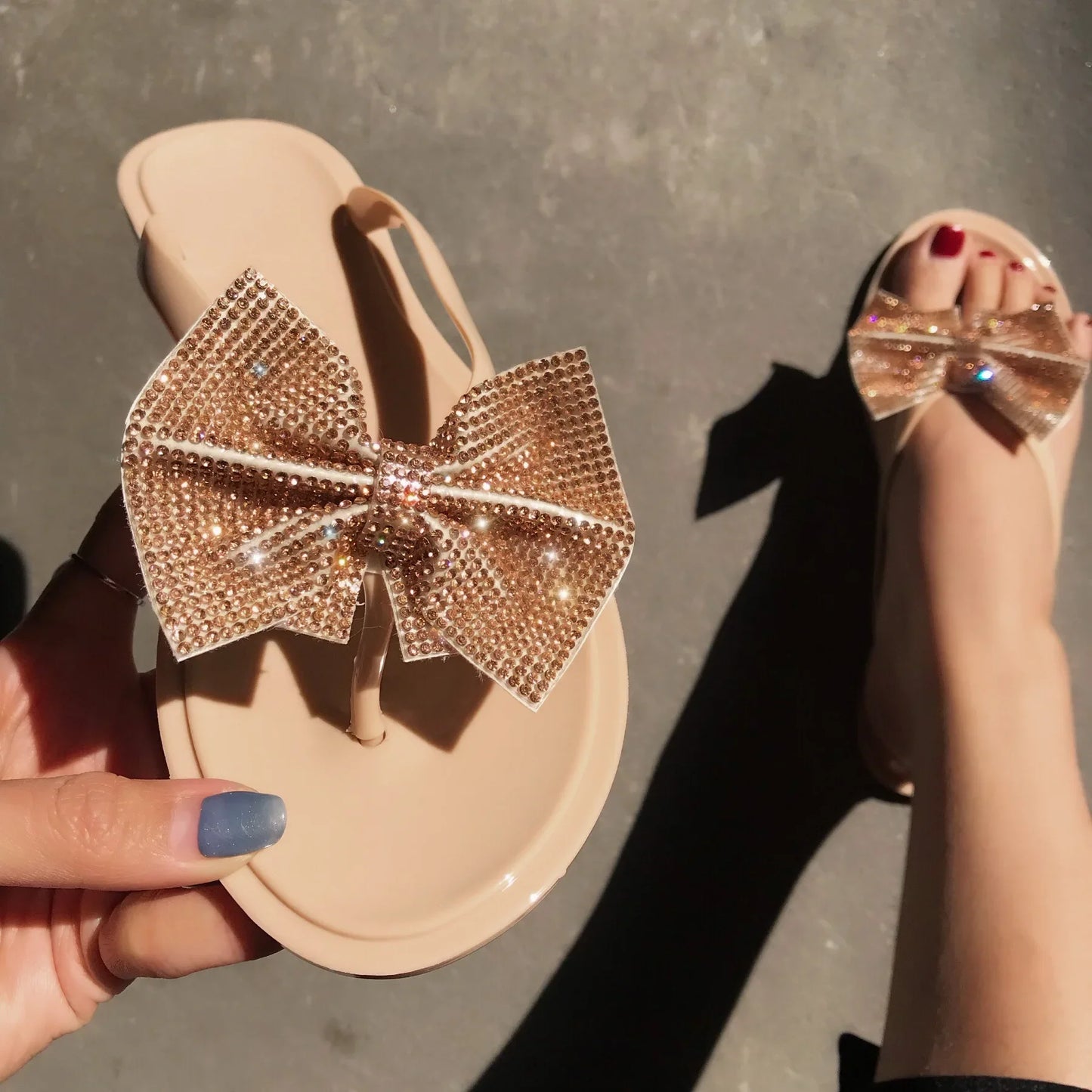 Summer New Clip-foot Bow Flash Drill Sandals and Slippers Women's Flip-flops Fashion Shoes  Clear Slippers Women  Summer Slipper