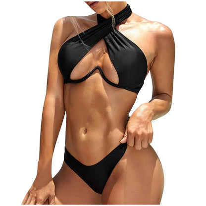 Women'S Fashion Solid Color Neck Gathering Underwire Split Sexy Bikini Swimsuit Women Brazilian Swimsuit Sexy Push Up Swimwear