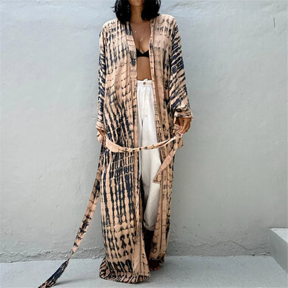 New 11 Colors Printed Long Sleeve With Belt Tunic Beach Cover Up Cover-ups Beach Dress Beach Wear Beachwear Female Women V4521