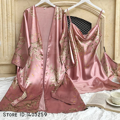 Four Pieces Pajamas Set Printed Little Cherry Sleepwear Women Satin Nightgown With Suspender Sling&Shorts Summer Home Clothes