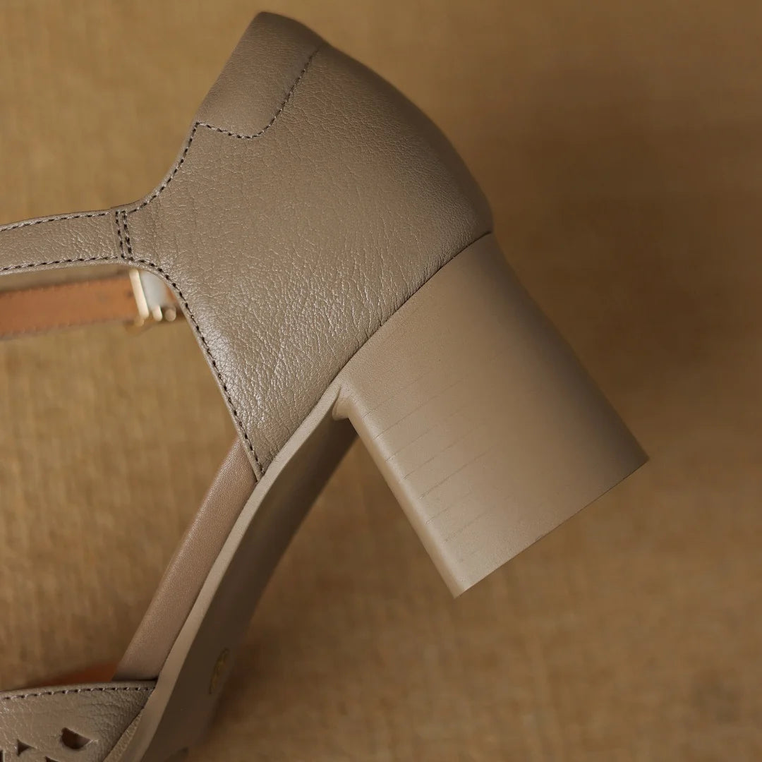 Women's sheepskin hollow-out summer sandals ankle strap square toe 6cm thick med heel elegant ladies heeled dress slim shoes 40