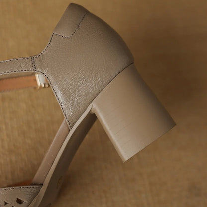 Women's sheepskin hollow-out summer sandals ankle strap square toe 6cm thick med heel elegant ladies heeled dress slim shoes 40