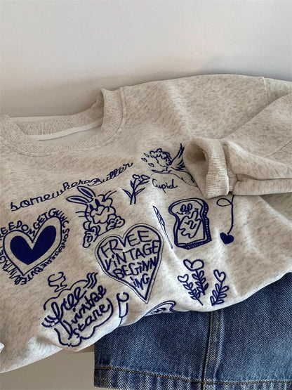 America Retro Sweatshirt Long Sleeves Women Casual O-Neck Sweatshirts Autumn Gray Pullovers Cartoon Print Female Chic Tops