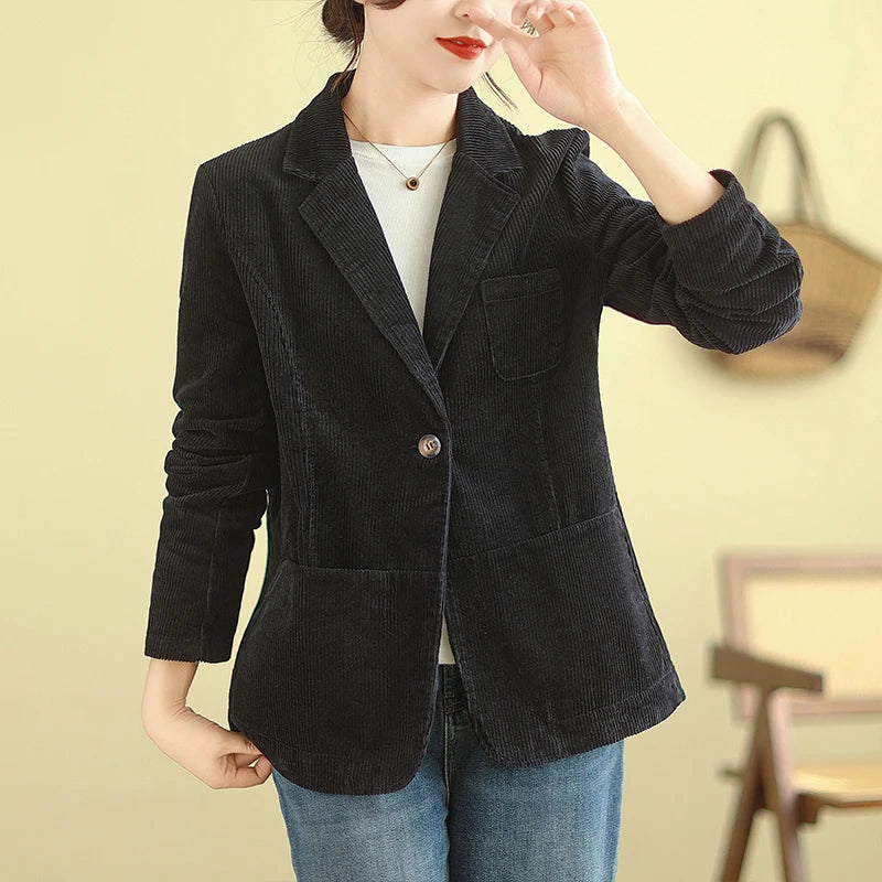 Retro Corduroy ort Suit Jaet Women's Loose Casual Striped Velvet Open Cardigan Top Spring 2026 New Sle Cotton Material