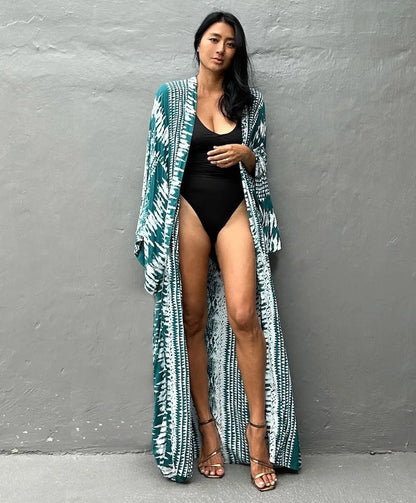 Beach Cover Ups Women Tie Dye Printed Kimono Cardigan Self Belted Wrap Dresses Summer Holiday Bathing Suits