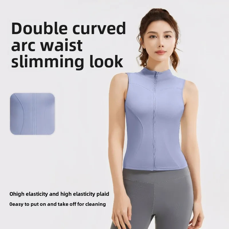 Spring and Summer New Sleeveless Vest Women's Yoga Jacket Slimming Stretch Slim Sports Jacket Standing Collar Zipper Top Fitness