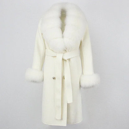 Double Breasted Woolen Jacket Belt Warm Cashmere Real Fur Coat Streetwear New Fashion 2024 Winter Women Long Natural Wool Blends