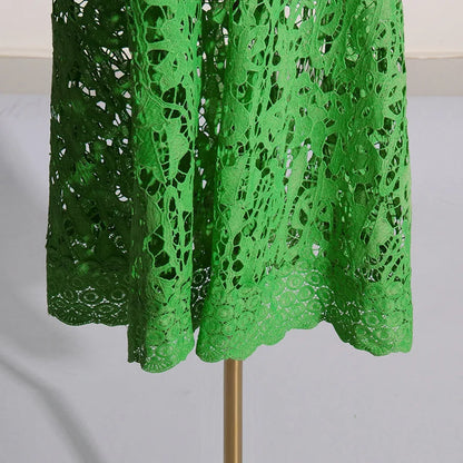 French Elegant Holiday Flower Embroidery Lace Midi Dress Women Lantern Long Sleeve Stand Hollow Out Crochet Party Vestidos