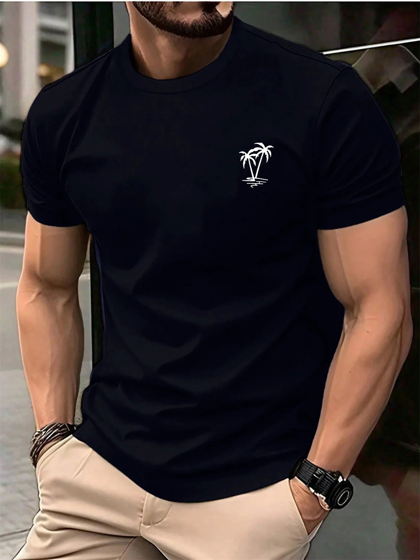Men's summer 100 cotton fashionable casual loose sports fashionable coconut tree print round neck short sleeved T-shirt top