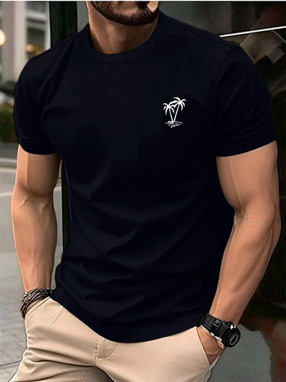 Men's summer 100 cotton fashionable casual loose sports fashionable coconut tree print round neck short sleeved T-shirt top