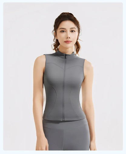 Spring and Summer New Sleeveless Vest Women's Yoga Jacket Slimming Stretch Slim Sports Jacket Standing Collar Zipper Top Fitness