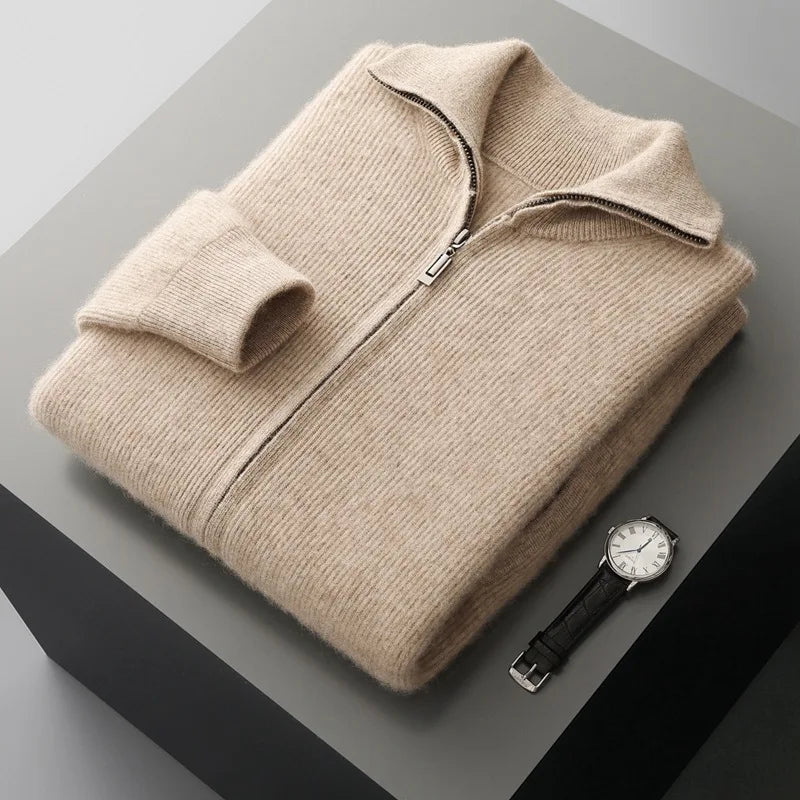 Autumn and winter zipper high-end design cardigan sweater 2025 men's simple and versatile trendy contrast color knitted sweater