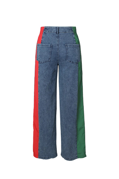 Denim Pants Women Patchwork Spliced Long Pant Mom Straight Button High Waist Casual Jeans Trousers Pocket Lady Y2k Autumn