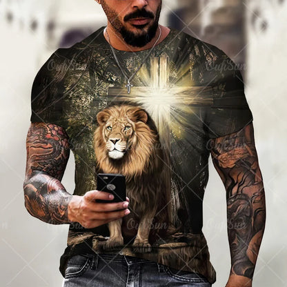 Christ Jesus T-Shirts for Men 3D Lion Printed T-Shirt Summer Clothes Short Sleeve Streetwear Vintage Tops Tee Shirt Men Clothing