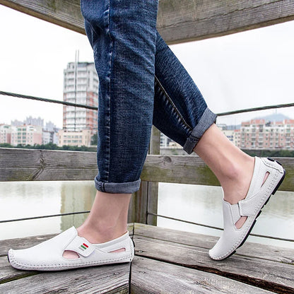 New 2023 Summer Breathable Leather Shoes Men Casual Loafers Brand Design Handmade Men Flats Soft Leather Moccasins Boat Shoes