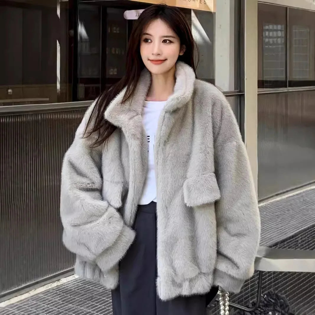 Women Faux Fur Coats Mid Length Jackets Stand Collar Coat Thick Warm Y2k Streetwear Jacket Work Casual Loose Autumn Winter