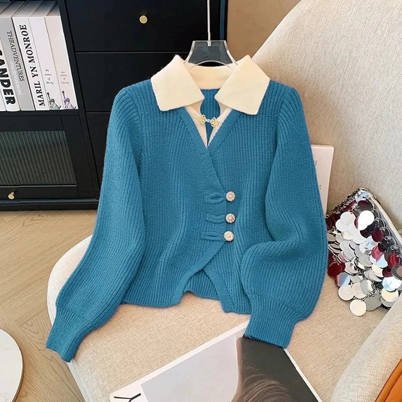 New 2026 Autumn Winter Design Splicing Slim Women Knitted Cardigan Sweater Jacket Fashion Fake Two Items Loose Ladies Top