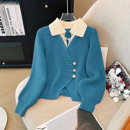 New 2026 Autumn Winter Design Splicing Slim Women Knitted Cardigan Sweater Jacket Fashion Fake Two Items Loose Ladies Top