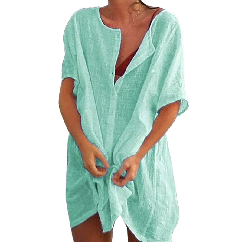2025 Hot Sexy Beach Swimsuit Cover-Ups Women Blouse Beach Shirt Cotton Linen Long Blouse Fashion Casual Solid Color Beach Dress