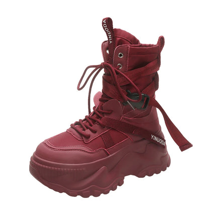 Women Ankle Boots Autumn Leather Chunky Shoes Woman High Platform Breathable Sneakers 8CM Thick Sole Wedges Motorcycles Boots