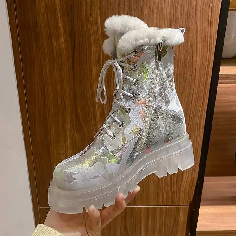 Krazing Pot Ins Cold-resistant Warm Long Plush Sheep Leather Snow Boots Thick Heel Casual Winter Platform Camouflage Ankle Boots