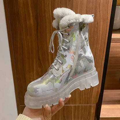 Krazing Pot Ins Cold-resistant Warm Long Plush Sheep Leather Snow Boots Thick Heel Casual Winter Platform Camouflage Ankle Boots