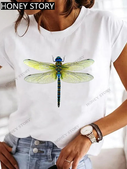 Dragonfly Butterfly Print Base Top Loose Women's Short-sleeved T-shirt Round Neck Oversized T Shirt  Women Clothes TEE