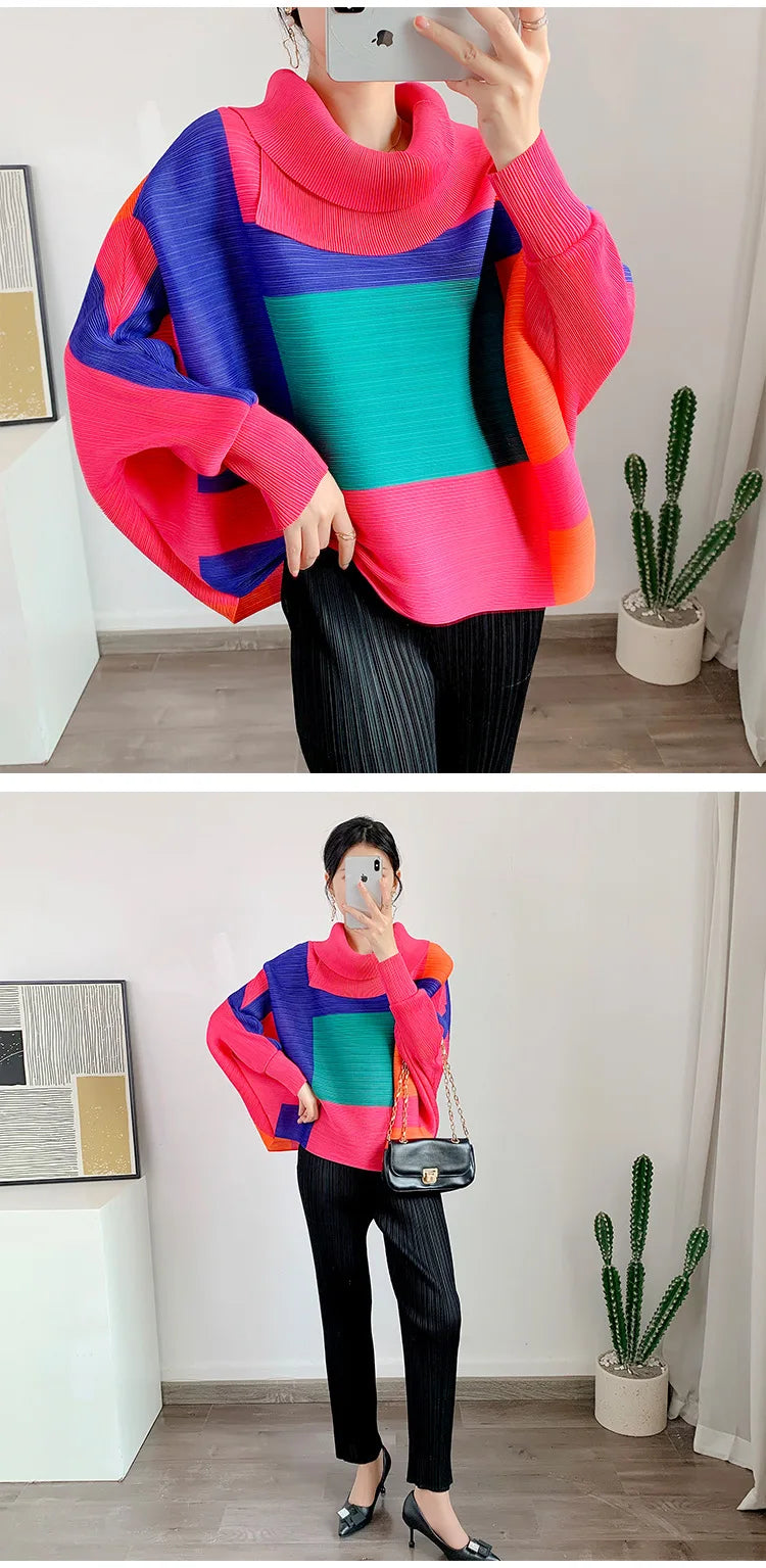 Miyake Pleated Turndown Collar Batwing Sleeve Top Women Geometric Printed Loose T-shirt