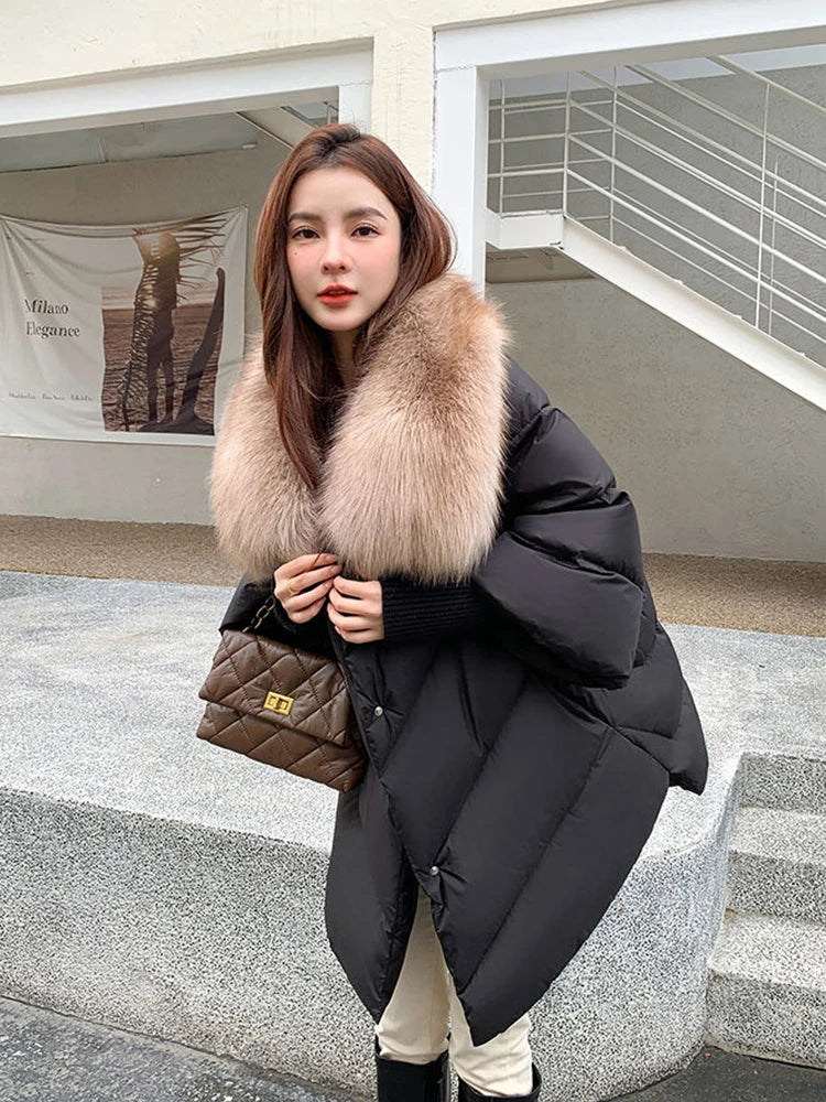 New Female Loose Outerwear Fashion Down Jacket Overcoat Women Winter Coat 90% White Duck Down Jacket With Big Woolen Collar Coat