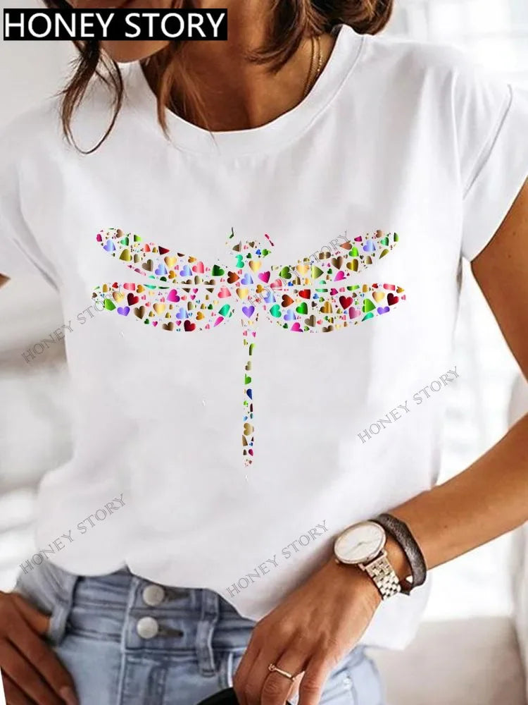 Dragonfly Butterfly Print Base Top Loose Women's Short-sleeved T-shirt Round Neck Oversized T Shirt  Women Clothes TEE