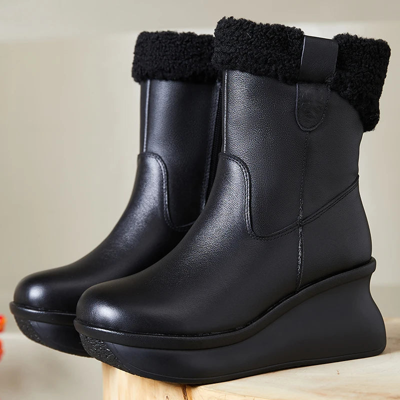 GKTINOO Genuine Leather Short Boots for Women Winter Wedges Warm Snow Boots Platform Shoes Thick Sole Non-slip Woman Boots