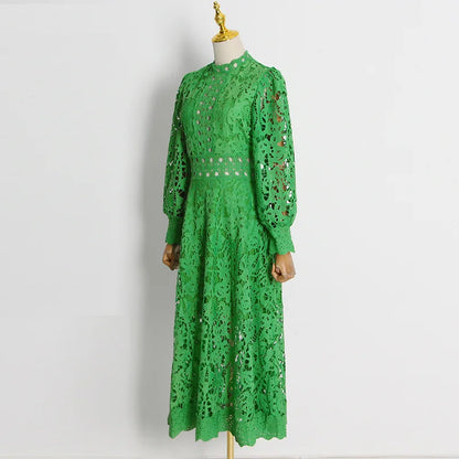 French Elegant Holiday Flower Embroidery Lace Midi Dress Women Lantern Long Sleeve Stand Hollow Out Crochet Party Vestidos